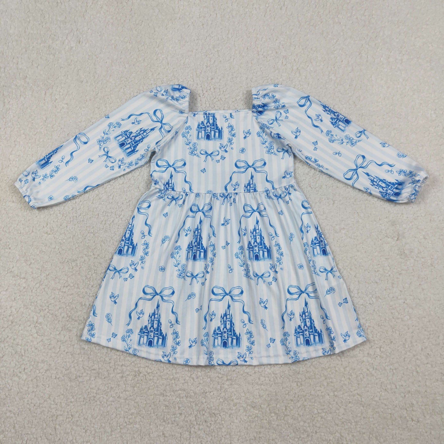 Sibling Baby Girls Blue Stripe Bows Castles Tunic Bell Bottom Clothes Set Knee Length Dresses
