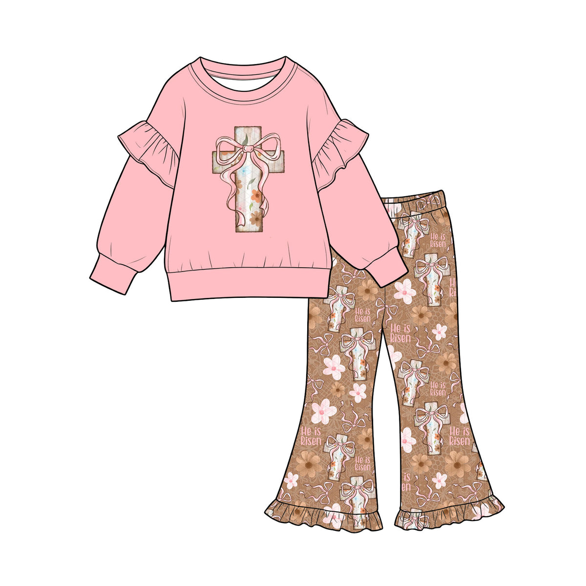 Preorder (moq 5) Baby Girl Clothes Cross Floral Graphic Print Long Sleeve Ruffle Sweatshirt Flare Pant Outfit Set