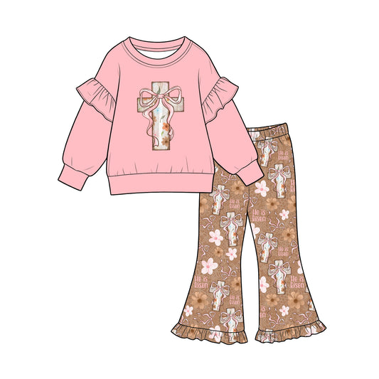 Preorder (moq 5) Baby Girl Clothes Cross Floral Graphic Print Long Sleeve Ruffle Sweatshirt Flare Pant Outfit Set