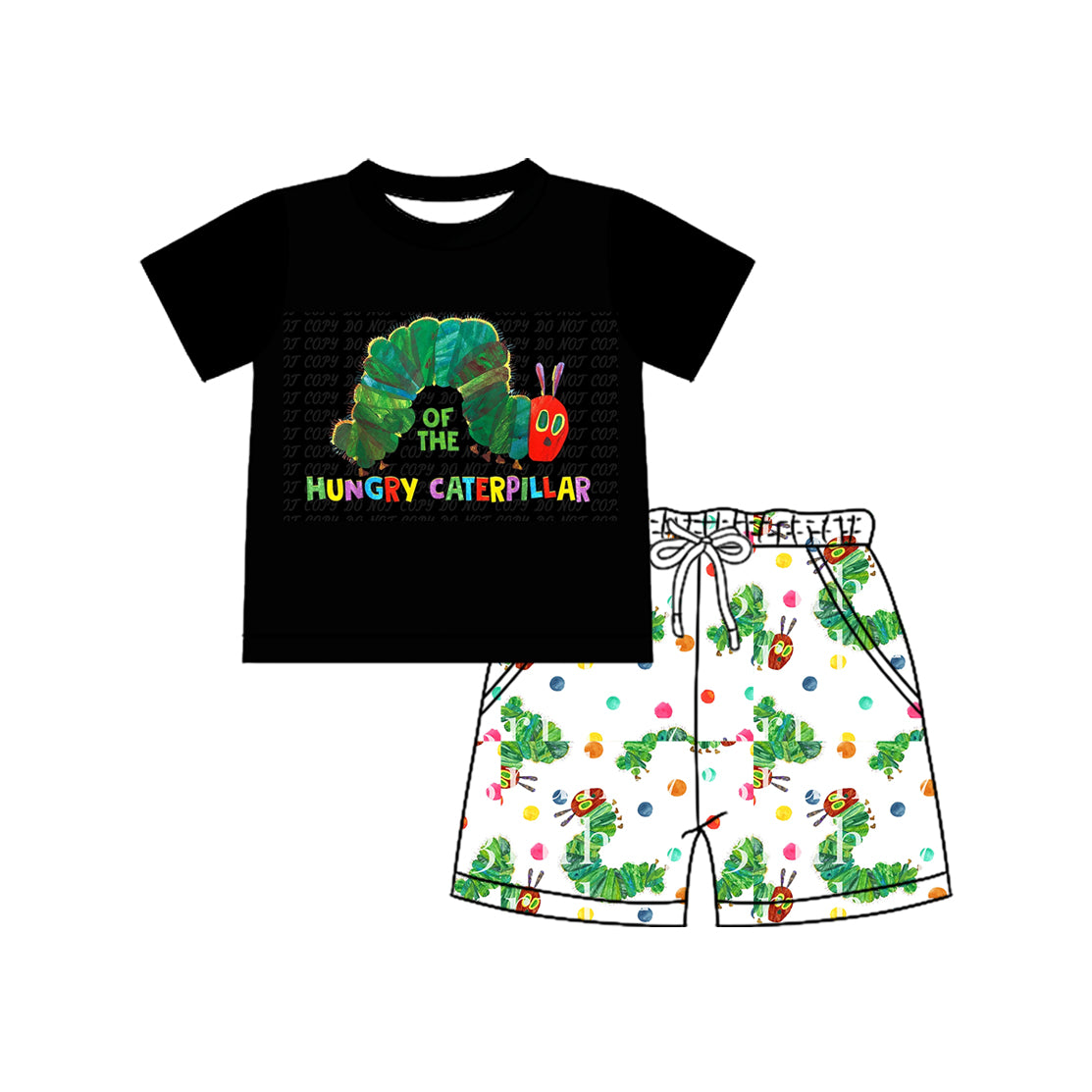 Preorder moq 5 Baby Boys Black Short Sleeves Caterpillars Top Pockets Shorts Set