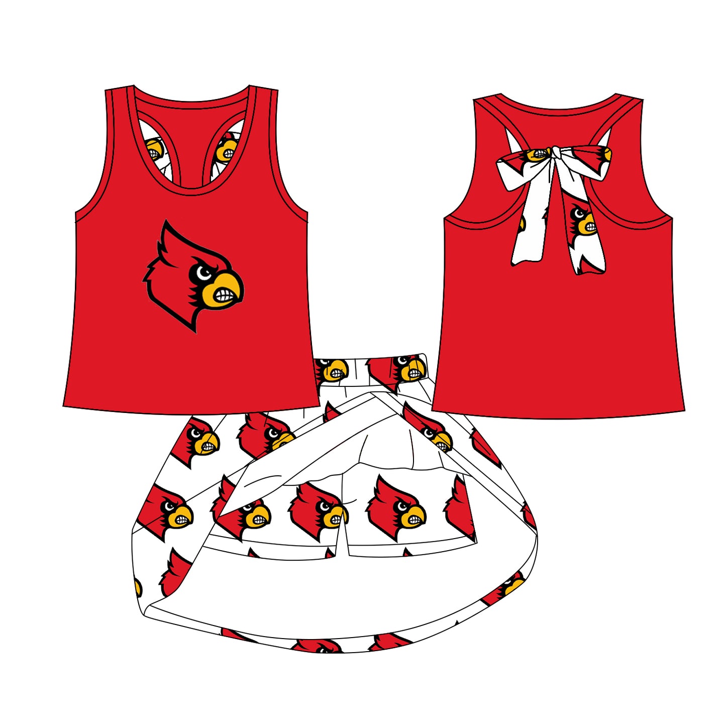 Preorder (moq 5)Baby Girls Red Bird bow vest team Top Skirt Skort Sets