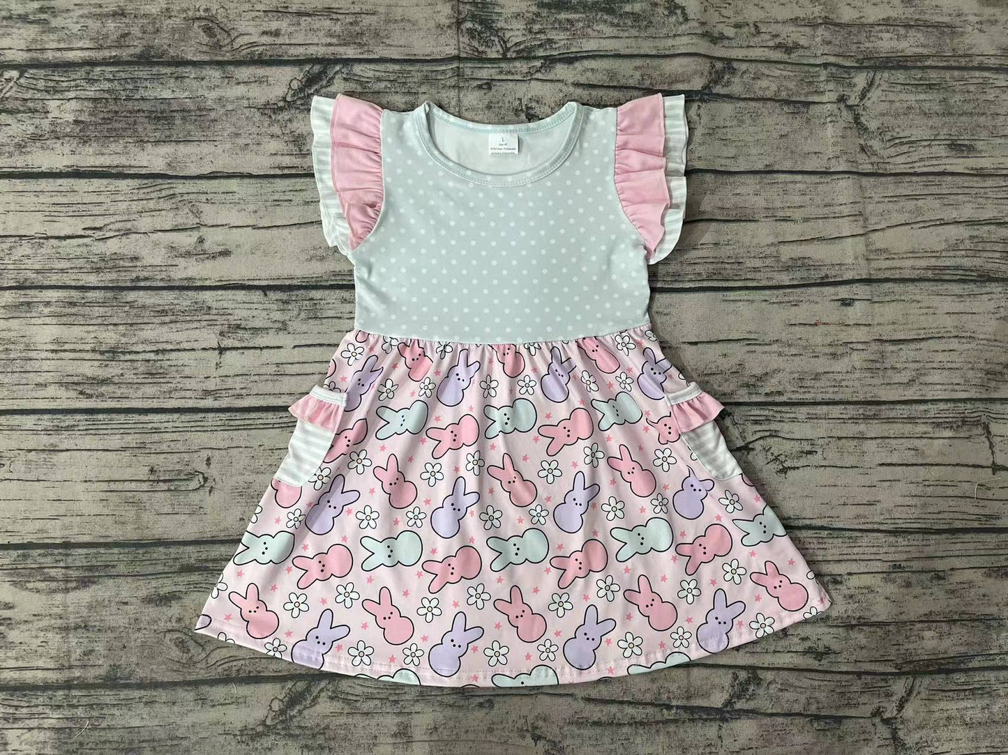 Baby Girls Easter Rabbits Flutter Sleeve Pockets Dresses