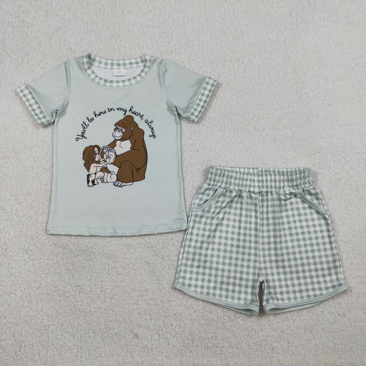 Baby Boys Cartoon Monkeys Top Checked Pockets Shorts Clothes Sets