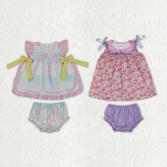 Sibling Baby Girls Flutter Sleeve Colorful Flowers Tunic Bummies Clothes Sets
