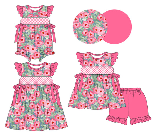 Preorder moq 5 Custom Baby Girls Hot Pink Floral Bows Tunic Ruffle Short Set Knee Length Dress And Rompers