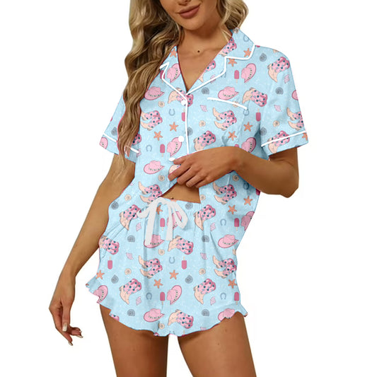 Preorder moq 5 Adult Women Western Blue Boots Button Pocket Top Short Pajamas