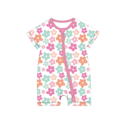 Preorder moq 5 Baby Girls Short Sleeves Colorful Flowers Zipper Rompers