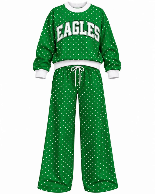 Preorder (moq 5) Baby Girls Green Eagles Polka Dots Top Pants Outfits Sets