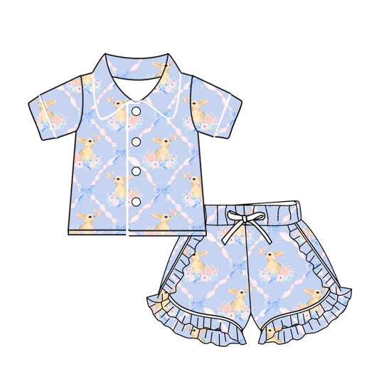 Baby Girls Easter Blue Rabbits Buttons Top Ruffle Shorts Pajamas Sets preorder(MOQ 5)