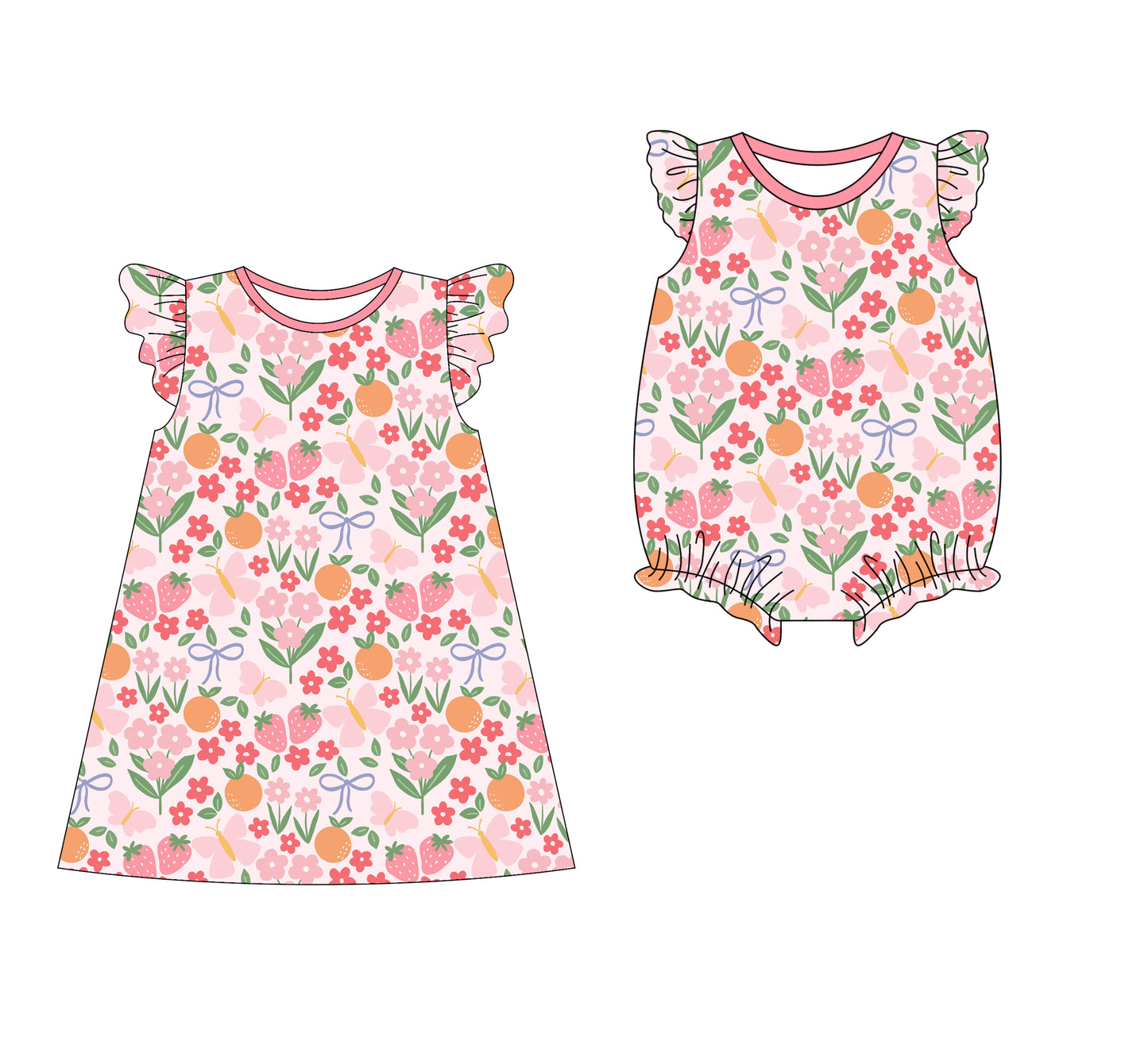 Preorder moq 5 Custom Baby Girls Flutter Sleeves Floral Strawberry Knee Length Dresses Rompers