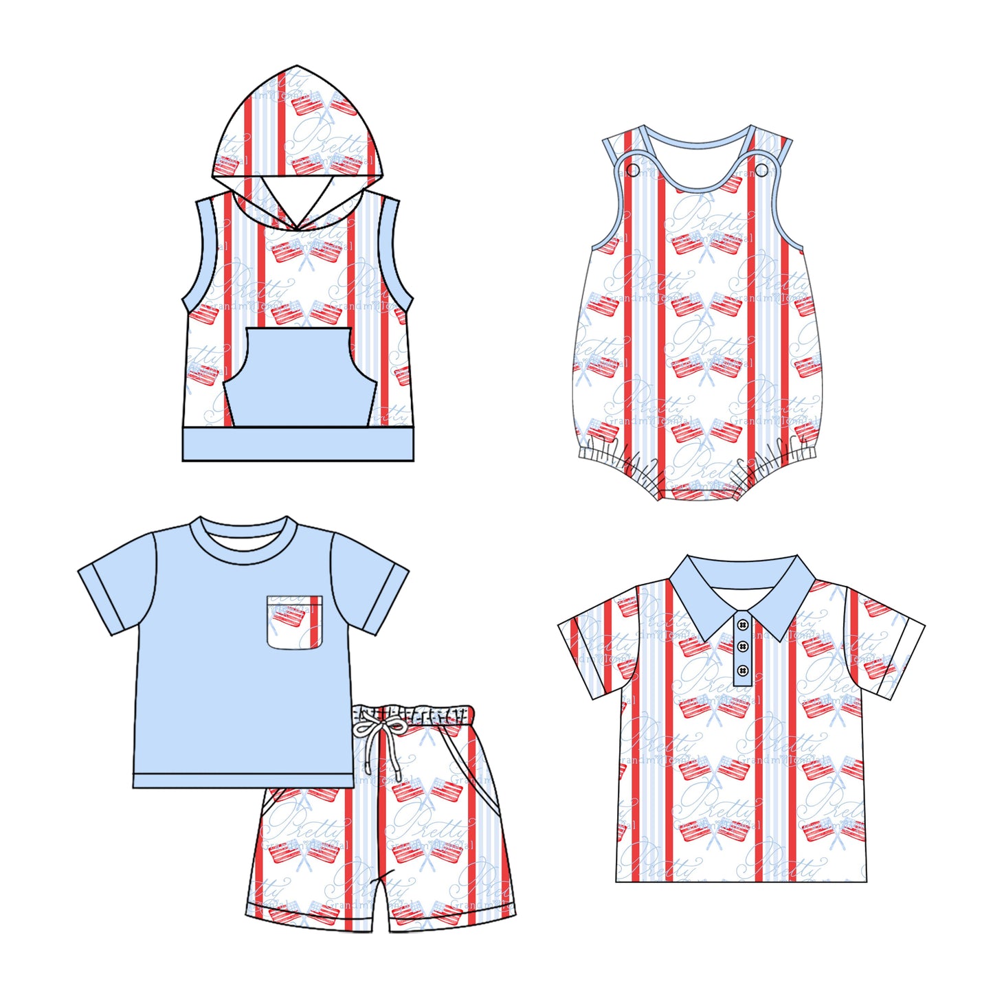 Preorder moq 5 Custom Baby Boys Light Blue Flags Button Polo Shirts Set Hoodie Top And Rompers