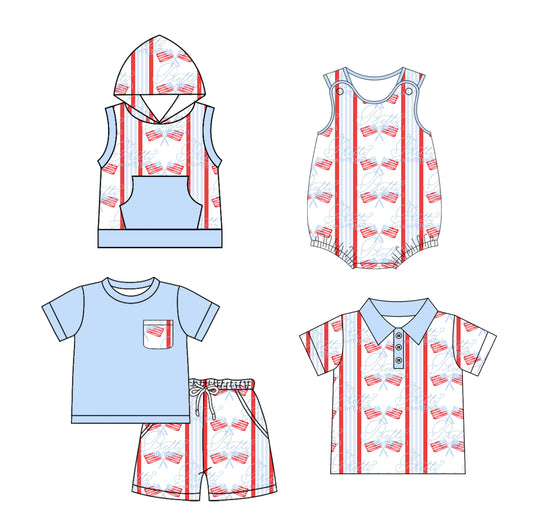 Preorder moq 5 Custom Baby Boys Light Blue Flags Button Polo Shirts Set Hoodie Top And Rompers