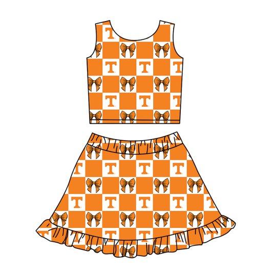 Preorder (moq 5)Baby Girls Orange T Bows Checked Vests Ruffle Skirt Shorts Team Clothes Sets