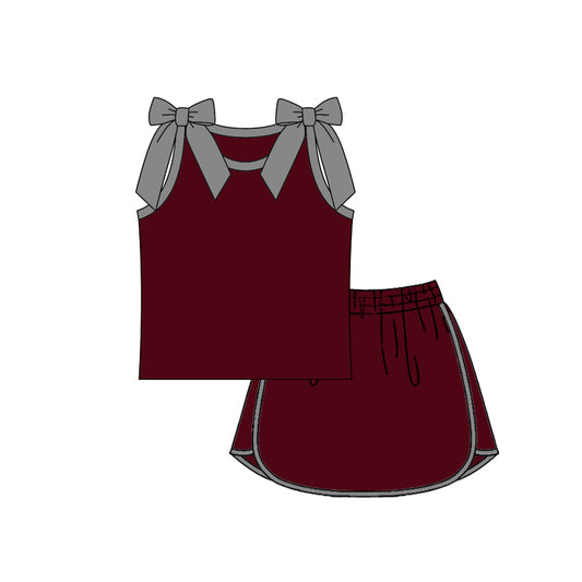 Preorder (moq 5)Baby Girls Grey Maroon Bows Sleeveless Shirts Skirt Shorts Clothes Sets