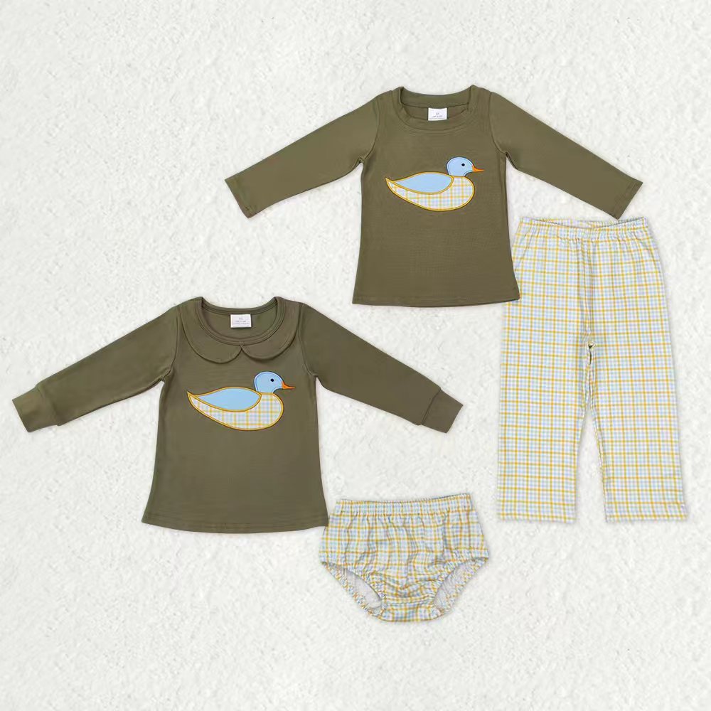 Sibling Baby Kids Olive Embroidery Ducks Top Checked Pant Bummies Hunting Clothes Sets