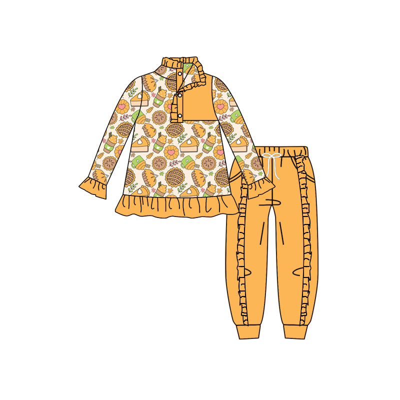 Baby Girls Pumpkin Pie Leaves Pullover Top Ruffle Pants Clothes Sets Preorder(moq 5)