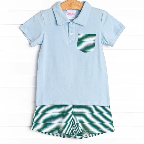 Baby Boys Cotton Pocket Top Summer Green Stripes Shorts Clothes Sets preorder(moq 5)