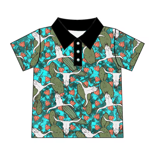 Baby Boys Western Cow Skull Cactus Short Sleeve Buttons Top Shirt Preorder(moq 5)