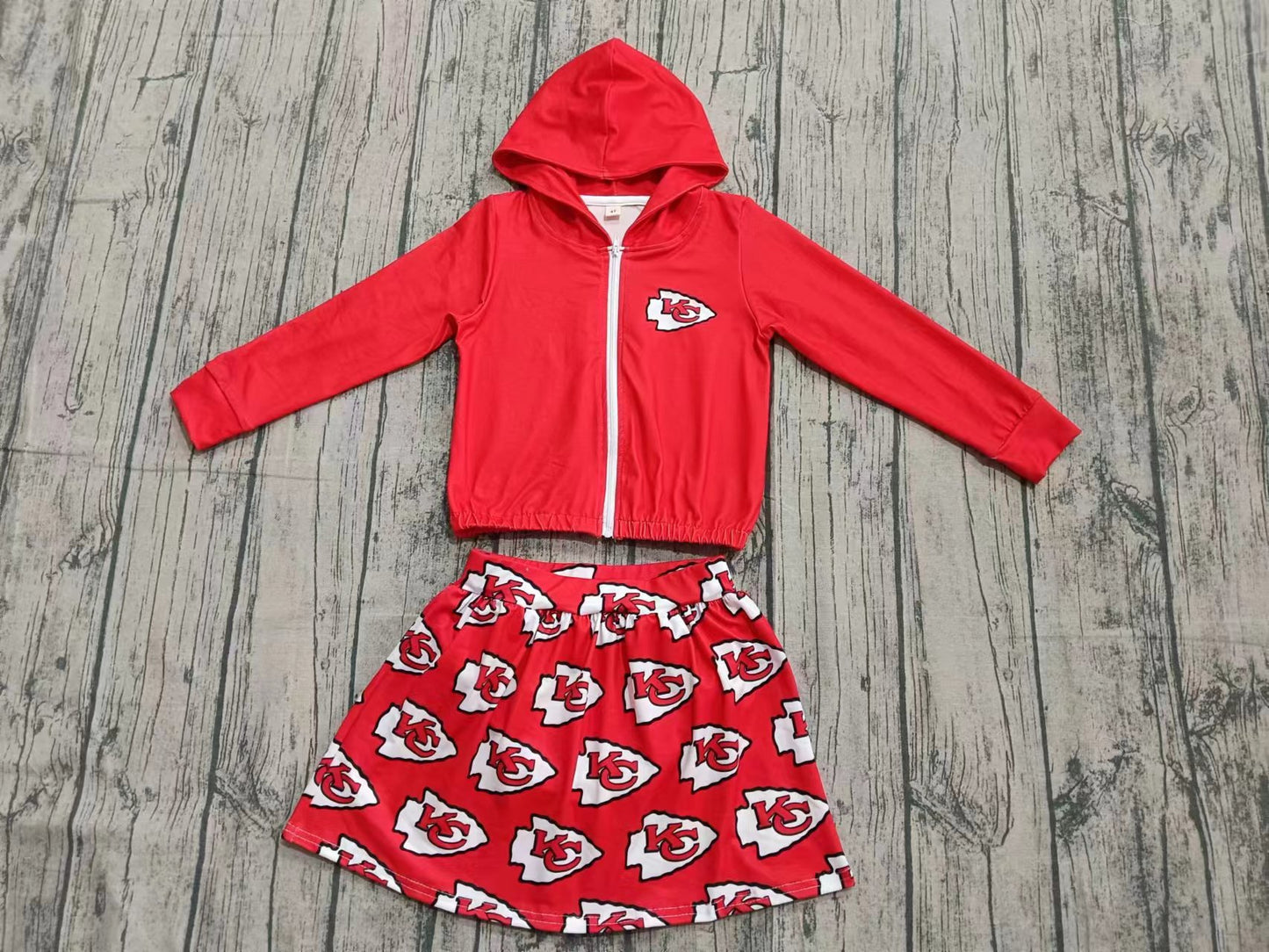 Preorder moq 5 Baby Girls Red KC Zipper Hoodies Jacket Skorts Team Clothes Set