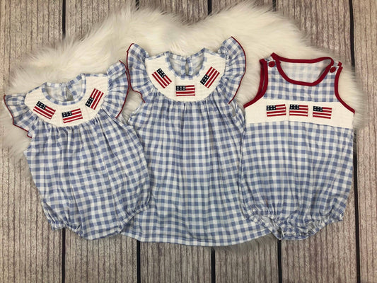 Smocked Sibling Boys Baby Girls 4th Of July Flags Rompers Dresses