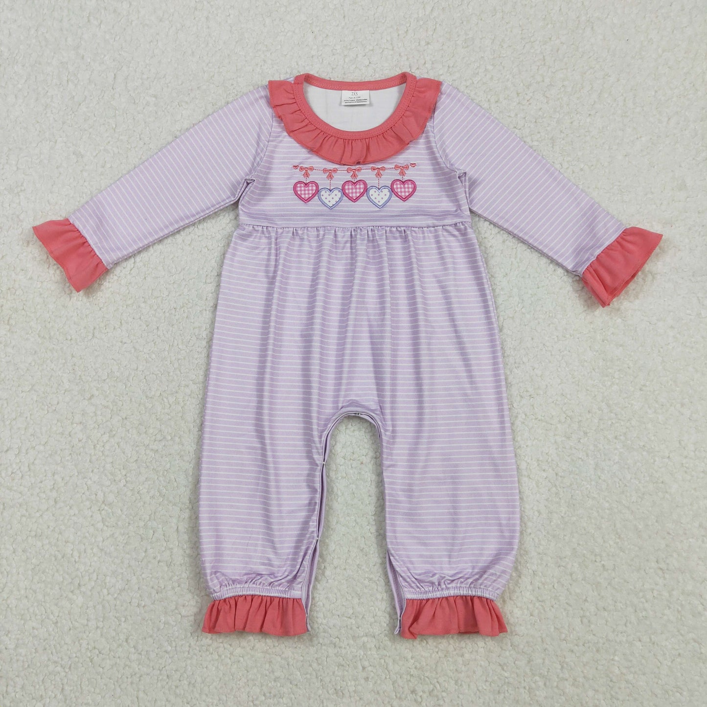 Embroidery Bows Hearts Baby Girls Pink Stripe Valentine Ruffle Collar Rompers