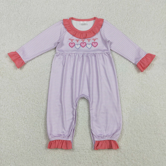 Embroidery Bows Hearts Baby Girls Pink Stripe Valentine Ruffle Collar Rompers