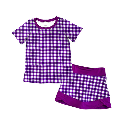 Preorder (moq 5)Baby Girls Purple Checked Short Sleeve Top Skirt Short Clothes Sets