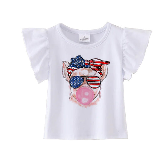 Baby Girls Bubble Dog 4th Of July Flutter Sleeve Tee Shirts Tops Preorder(moq 5)