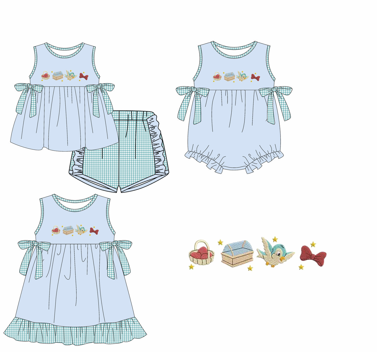 Preorder moq 5 Custom Baby Girls Blue Sleeveless Birds Bows Tunic Plaid Ruffle Short Set Knee Length Dress Rompers