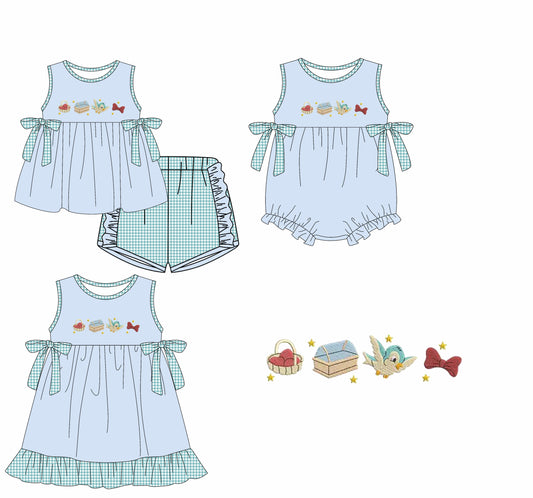 Preorder moq 5 Custom Baby Girls Blue Sleeveless Birds Bows Tunic Plaid Ruffle Short Set Knee Length Dress Rompers