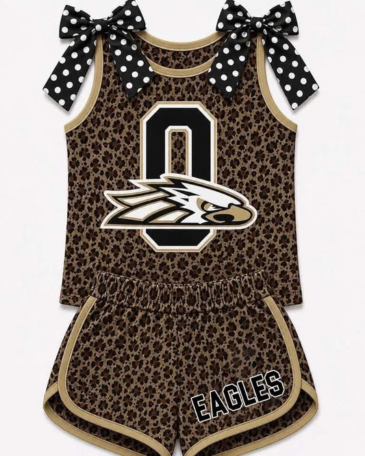 Preorder (moq 5)Baby Girls Leopard Eagles Bows Sleeveless Top Shorts Team Clothes Sets