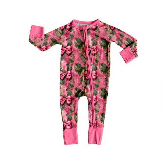 Preorder(moq 5)Baby Girls Green Pink Camo Bows Western Footie Rompers