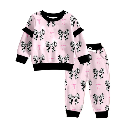 Baby Girls Cow Print Western Bows Long Sleeve Top Pants Clothes Sets preorder(MOQ 5)