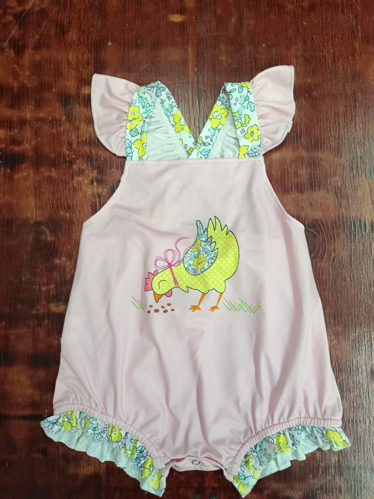 Preorder moq 5 Baby Girls Peach Flutter Sleeves Chick Farm Ruffle Rompers