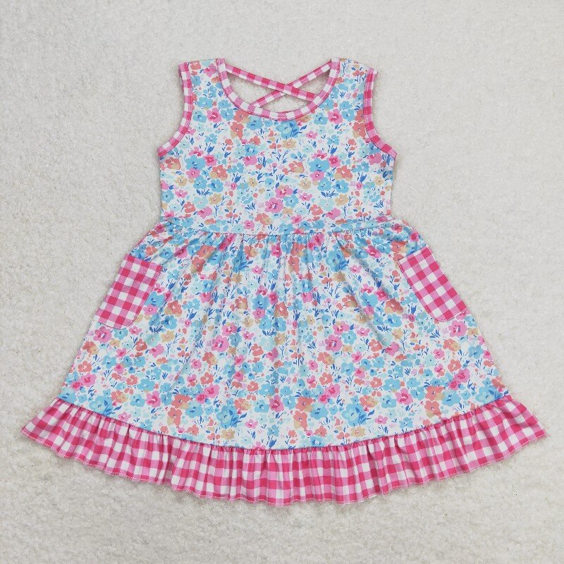 Baby Girls Pink Checkered Floral Summer Sibling Rompers Clothes Sets