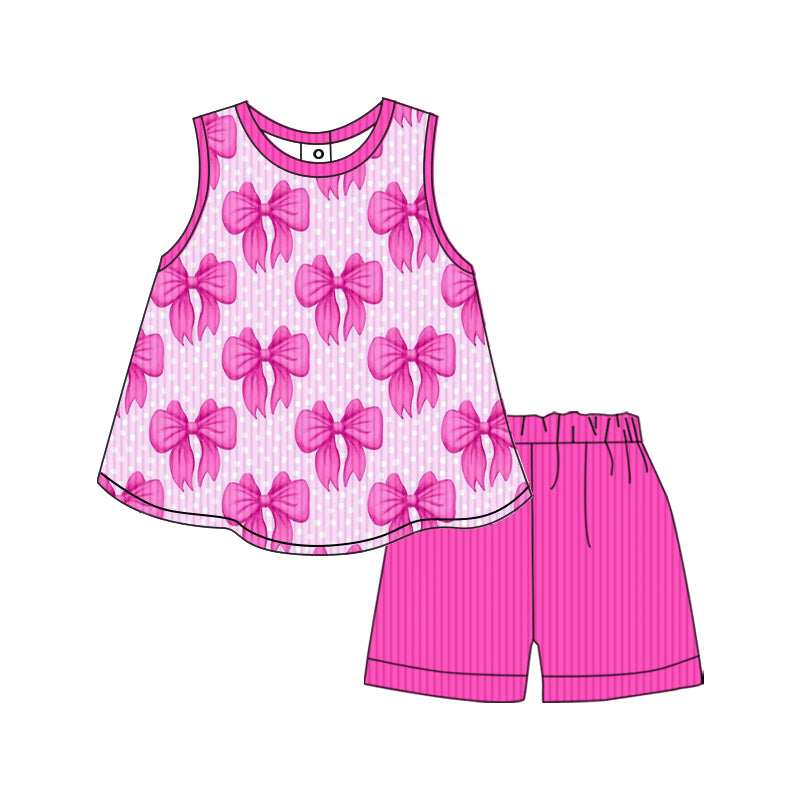 Preorder (moq 5)Baby Girls Summer Hotpink Bows Ribbed Tunic Shorts Clothes Sets