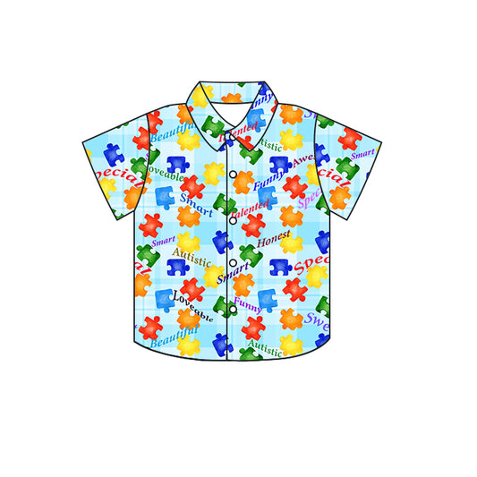 Baby Boys Short Sleeve Blue Autistic Buttons Tee Shirts Tops preorder(moq 5)
