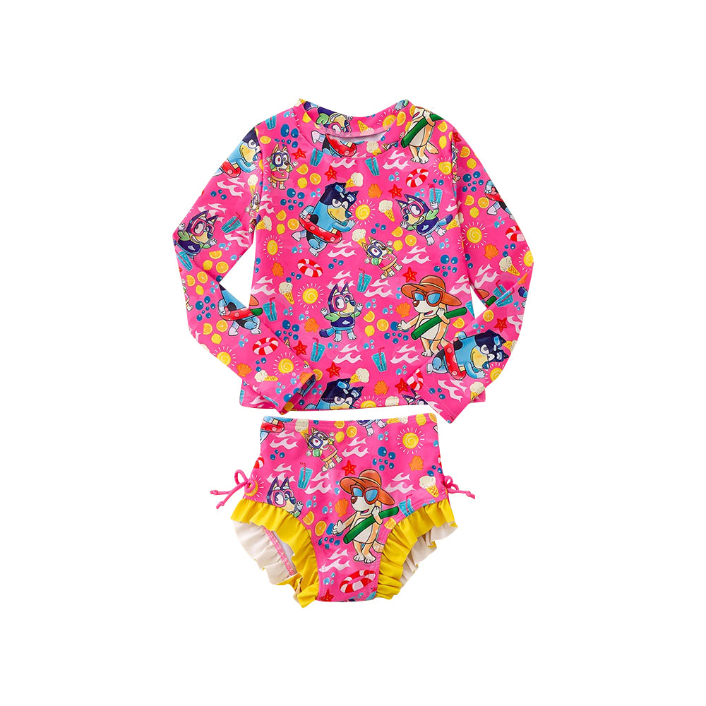 Preorder (moq 5)Baby Girls Pink Dogs Long Sleeve Bikini Two Pieces Swimsuits