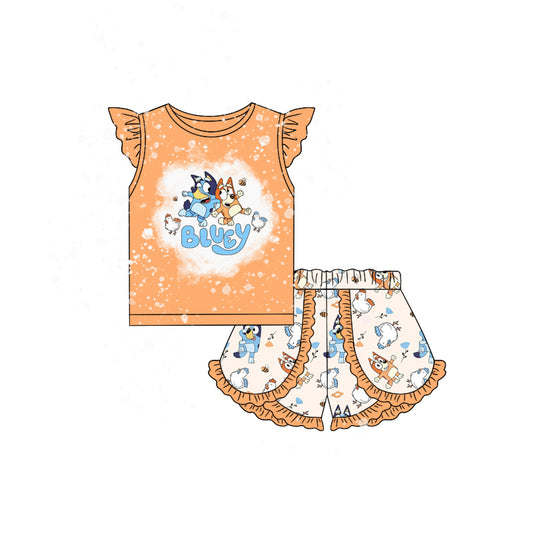 Baby Girls Dog Chicken Summer Flutter Sleeve Top Ruffle Shorts Clothes Sets preorder(moq 5)