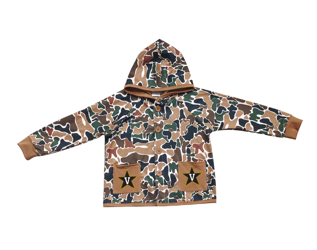 Preorder (moq 5)Baby Boys Dark Brown Camo V Stars Pockets Team Button Hoodie Jackets Top