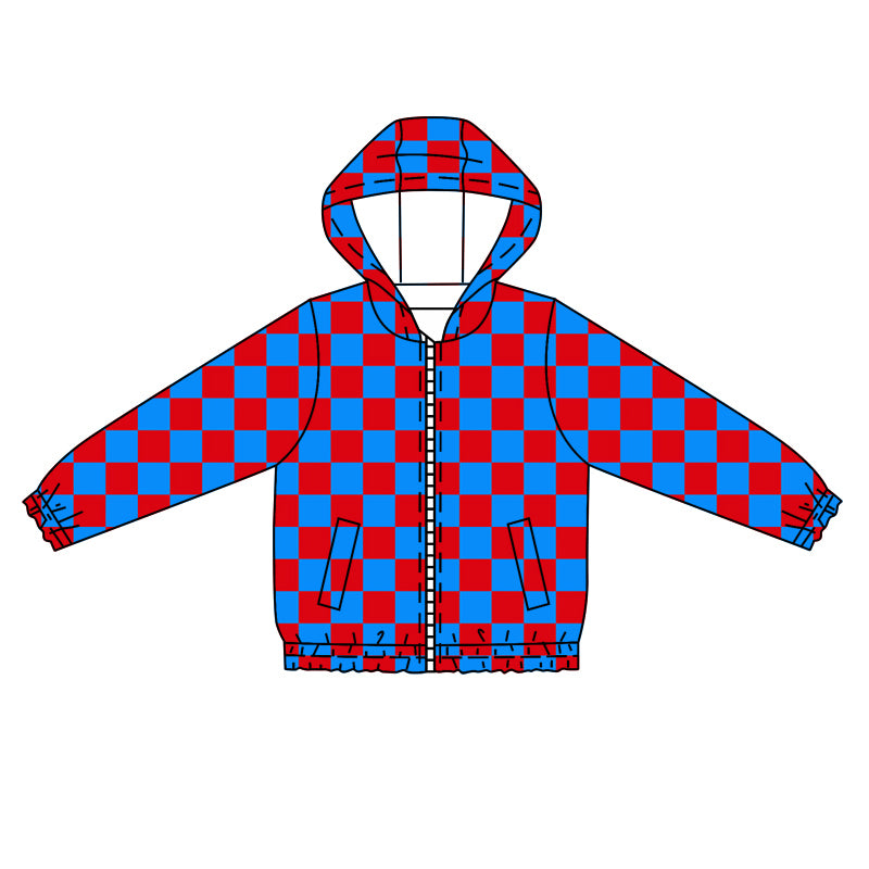 Baby Kids Red Blue Checkered Zip Long Sleeve Hooded Tops Jackets preorder(moq 5)