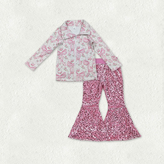 Baby Girls Pink Bows Flowers Yoga Zip Pockets Jacket Sequin Bell Bottom Pants Clothes Sets