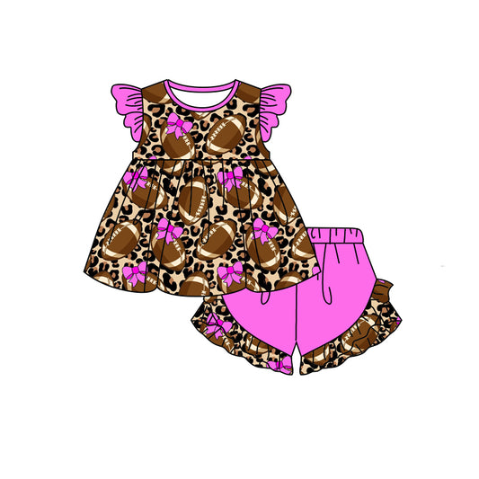 Baby Girls Football Bow Leopard Tunic Top Ruffle Shorts Clothes Sets preorder(moq 5)
