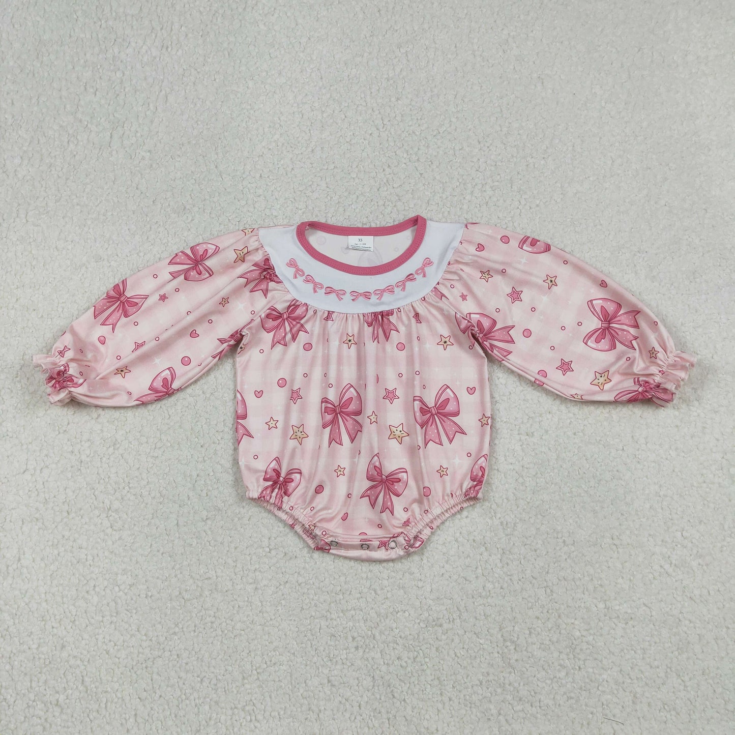 Embroidery Bows Baby Girls Pink Stars Valentines Ruffle Rompers