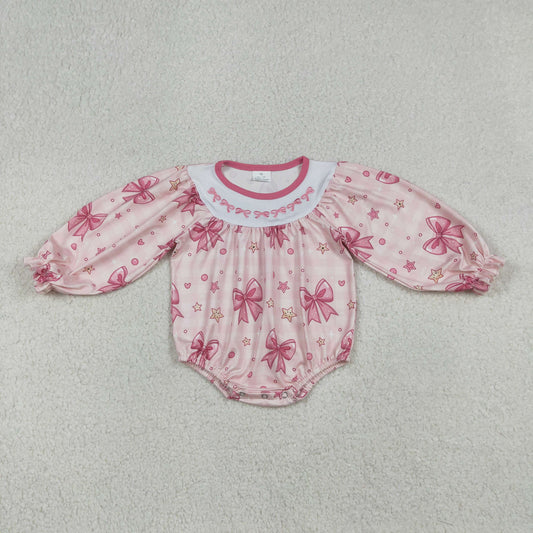 Embroidery Bows Baby Girls Pink Stars Valentines Ruffle Rompers