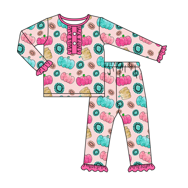 Baby Girls Pink Western Pumpkin Shirt Turquoise Pants Pajamas Clothes Sets Preorder(moq 5)