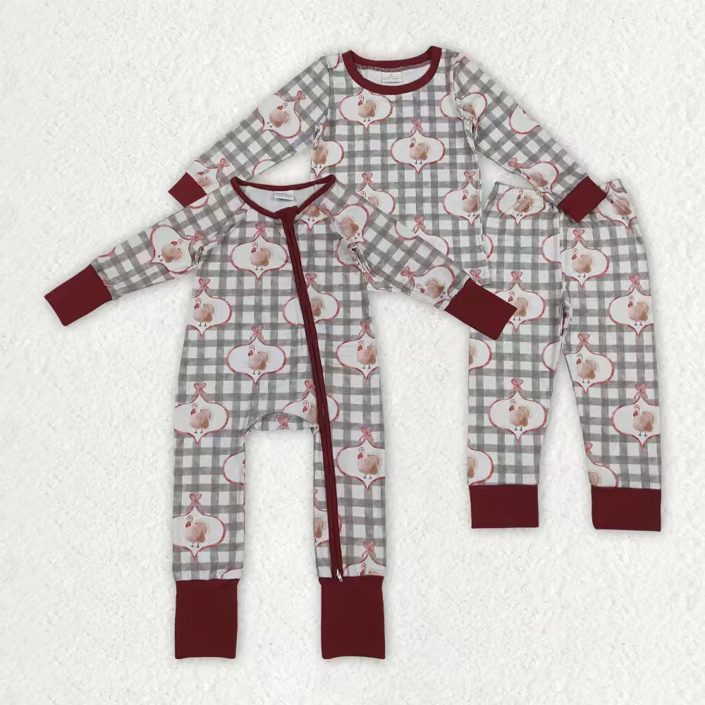 Sibling Baby Girls Turkey Checked Pants Thanksgiving Pajamas Sets Zipper Footie Rompers