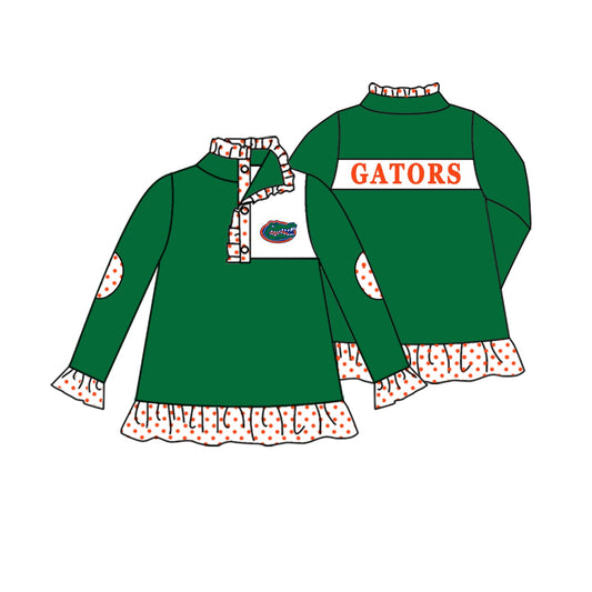 Preorder (moq 5)Baby Girls Green Long Ruffle Sleeve Gators Team Zip Pullovers Top