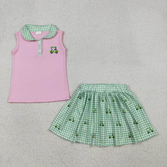 Embroidery Golf Trucks Baby Girls Button Top Checked Skirt Shorts Clothes Sets