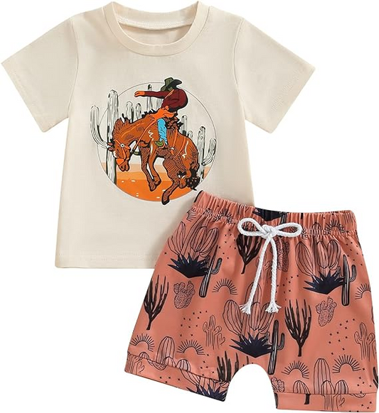 Baby Boys Rodeo Shirt Brown Cactus Shorts Clothes Sets preorder (moq 5)